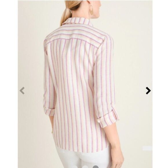 Chico's NO-IRON Linen Metallic Striped Roll-Tab Shirt Button Down Linen Size 2 - Picture 3 of 12